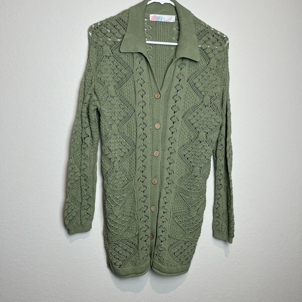 FP Beach Cardigan Sweater Womens XS Green Collared Open Knit Long Sleeve Cotton